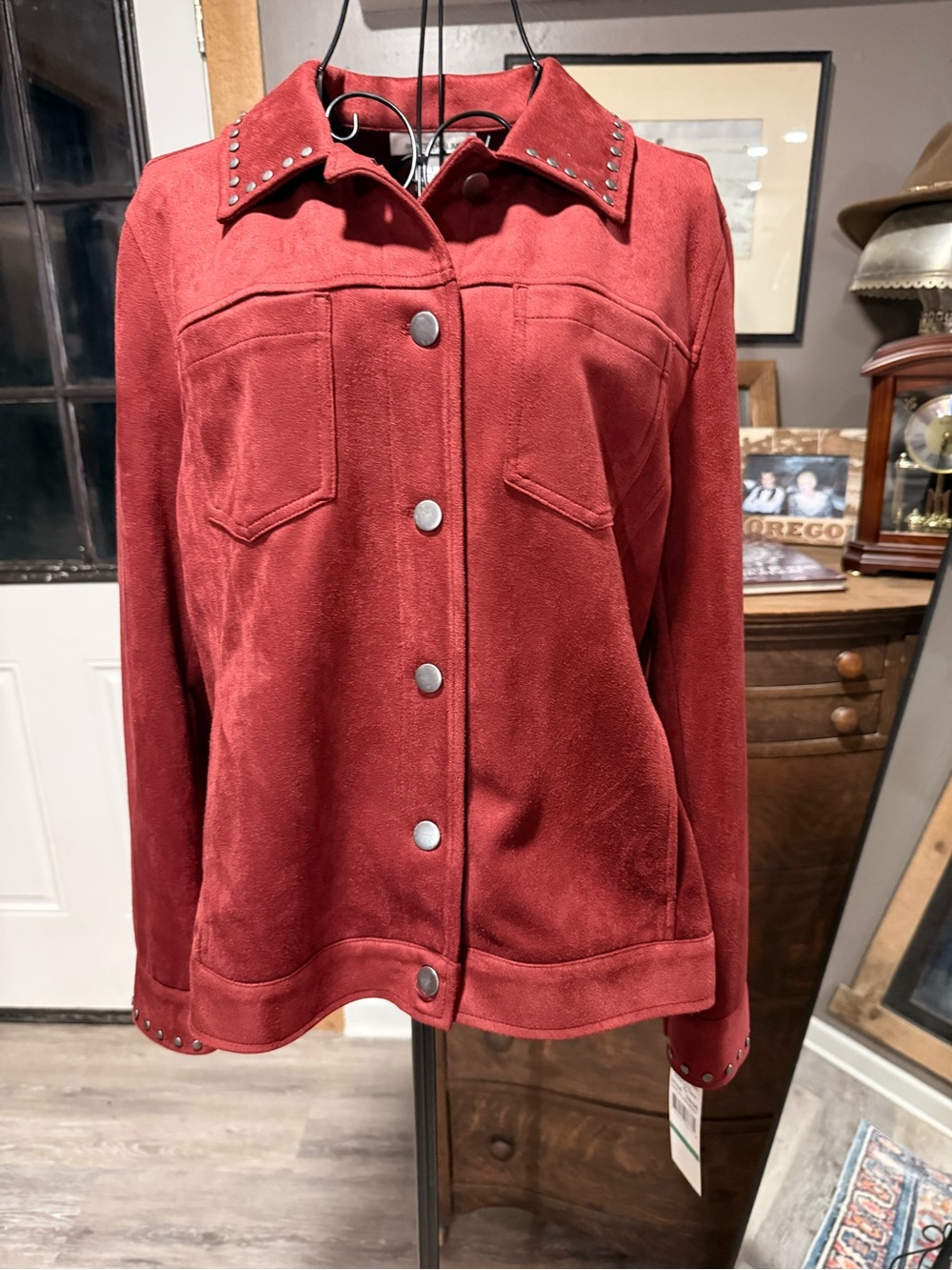 Skye's the Limit Rust Red Suede like Stud-Trim Snap Jacket